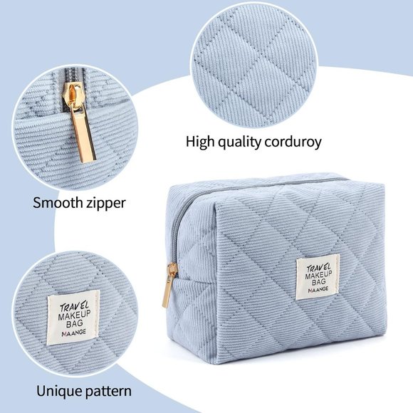 MAANGE Women Cosmetic Purse Corduroy Makeup Pouch Cute Makeup Bag Blue - Picture 3 of 6